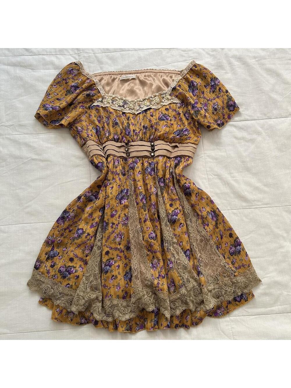 Axes Femme Mustard Floral Lace Himekaji Dress Size M Japan